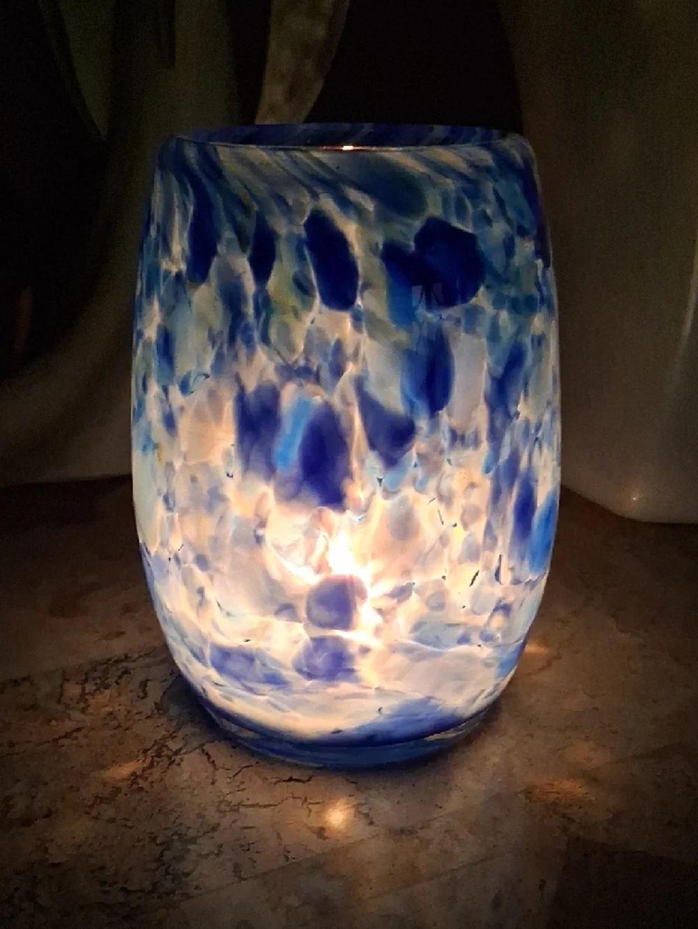 Votive Candle Holder. Art Glass In Lapis Blue  